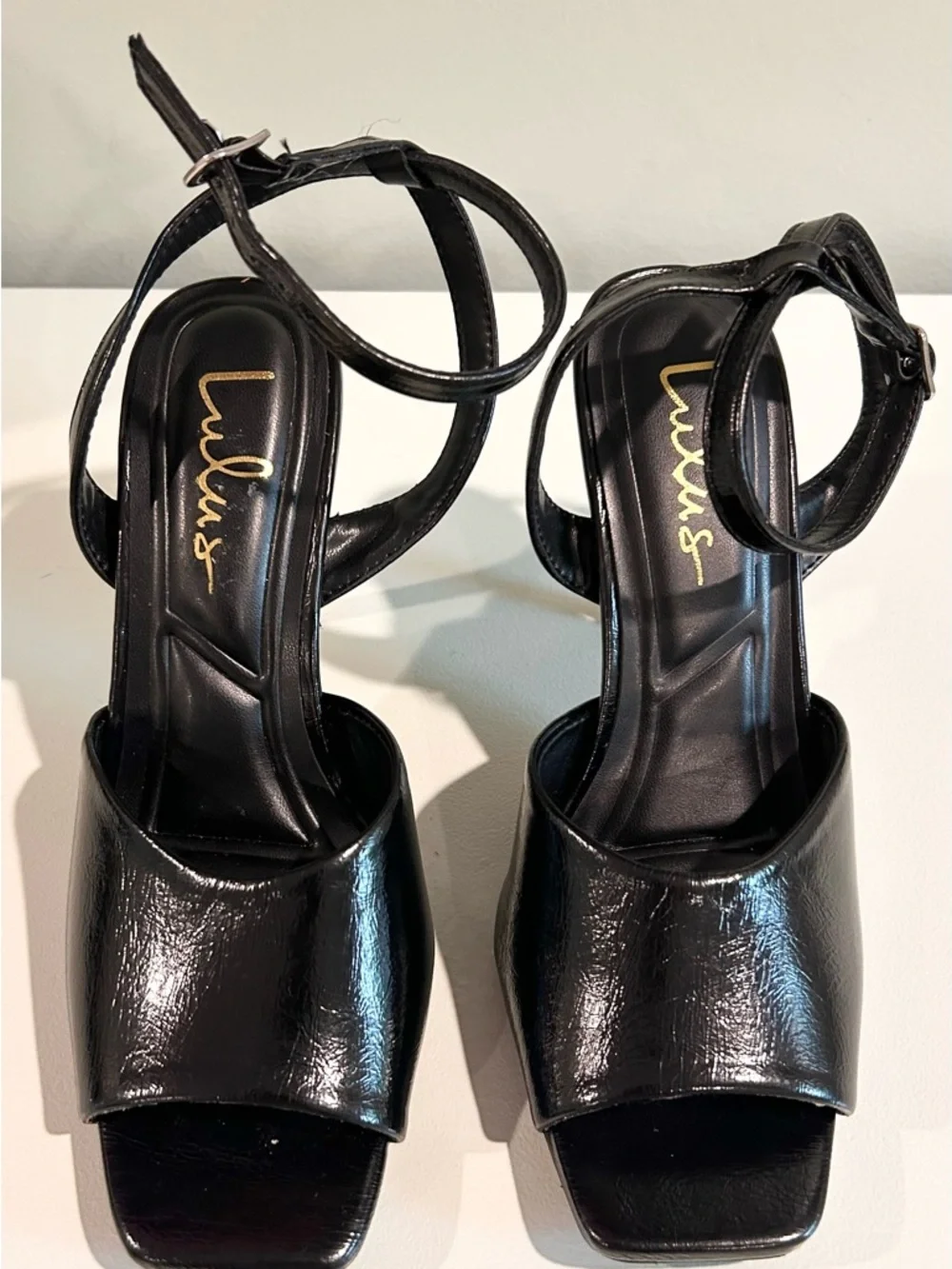 Lulus Black Patent Strappy Stiletto Heels Square Toe Ankle Strap Size 7